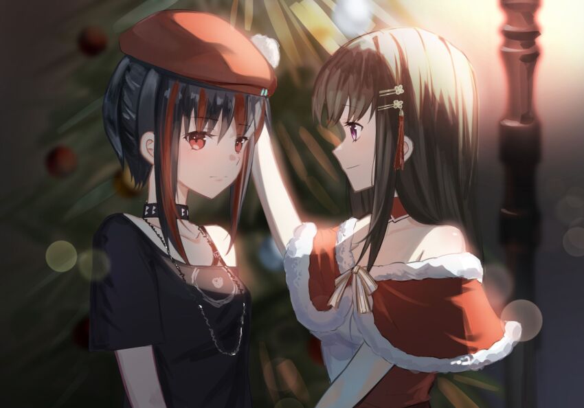 2girls black_hair choker christmas christmas_tree hair_ornament hat heaven_burns_red highres kr_woyue long_hair mikoto_fubuki multicolored_hair multiple_girls nikaidou_misato off-shoulder_shirt off_shoulder purple_eyes red_hair santa_costume santa_hat shirt short_hair sidelocks streaked_hair tassel tassel_hair_ornament yuri
