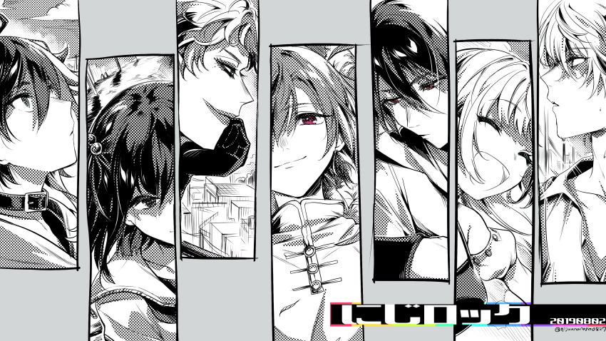 1other 2girls 4boys :d ^_^ absurdres amemori_sayo bare_shoulders character_request check_character closed_eyes closed_mouth collarbone collared_shirt dated detached_sleeves gloves green_eyes hair_between_eyes hand_up highres jacket joe_rikiichi juliet_sleeves long_sleeves monochrome multicolored_hair multiple_boys multiple_girls nijisanji ninahachi open_mouth puffy_sleeves purple_eyes ryuushen saegusa_akina shirt smile spot_color streaked_hair thick_eyebrows twitter_username virtual_youtuber