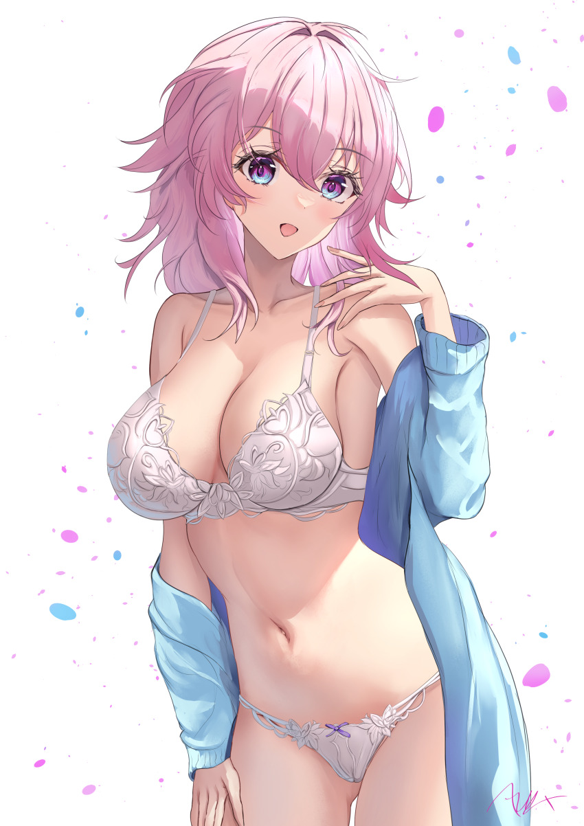 1girl :d absurdres arerex bare_shoulders blue_eyes blue_jacket bra commentary_request cowboy_shot hair_intakes highres honkai:_star_rail honkai_(series) jacket long_sleeves looking_at_viewer march_7th_(honkai:_star_rail) medium_hair multicolored_eyes navel off_shoulder open_mouth panties pink_hair purple_eyes smile solo standing stomach two-tone_eyes underwear white_background white_bra white_panties