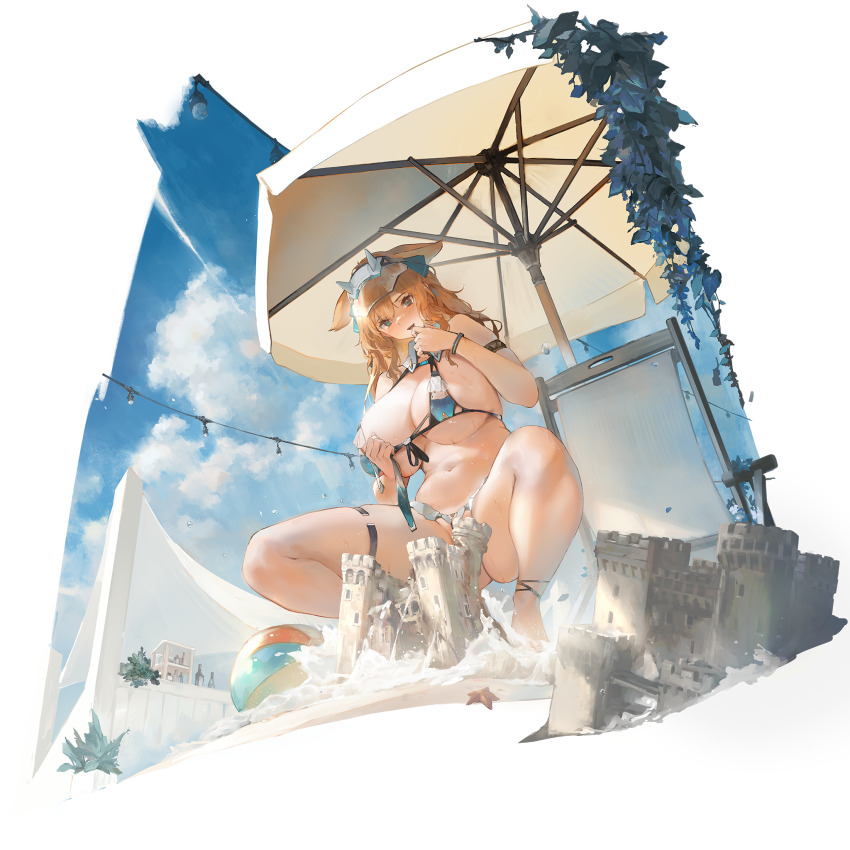 1girl anklet aqua_bikini aqua_eyes armlet artist_request ball beach beach_chair beach_umbrella beachball bikini blush breasts convenient_censoring from_below full_body hair_flaps headgear highres holding holding_unworn_clothes huge_breasts jewelry looking_at_viewer midway_(warship_girls_r) navel official_alternate_costume official_art open_mouth orange_hair outdoors sand sand_castle sand_sculpture sky solo squatting starfish stomach swimsuit thigh_strap umbrella wardrobe_malfunction warship_girls_r