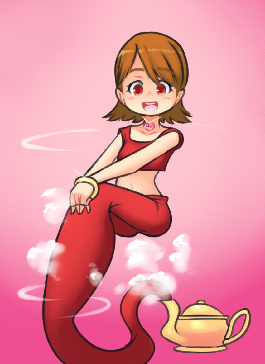 1girl blush bracelet brown_hair collarbone digimon digimon_adventure drantyno floating genie harem_outfit heart heart_necklace highres jewelry looking_at_viewer midriff navel necklace oil_lamp open_mouth pants pink_background red_eyes red_pants red_shirt shirt short_hair sitting sleeveless sleeveless_shirt smile smoke sparkle takenouchi_sora teeth