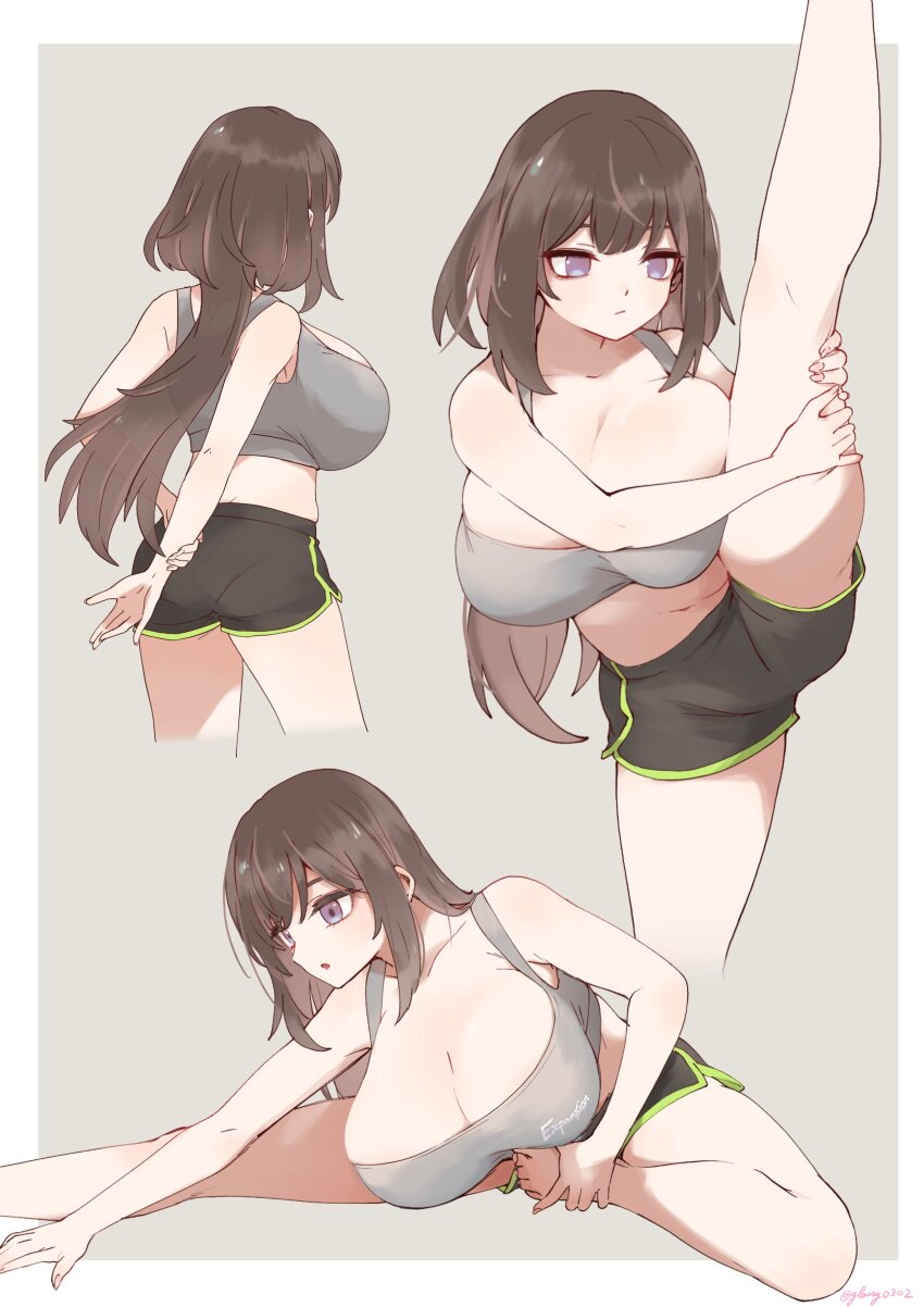 1girl absurdres breasts brown_hair cleavage crop_top exercising from_behind glassy0302 grey_background highres huge_breasts kuraishi_ringo_(glassy0302) kuraishi_rinngo leg_lift long_hair navel original purple_eyes shorts sitting split sports_bra standing standing_on_one_leg stretching