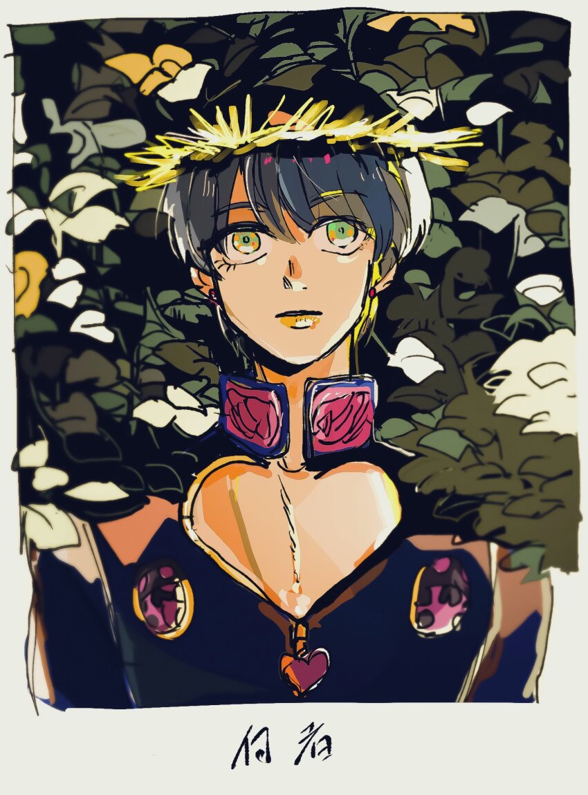1boy black_hair black_jacket cropped_torso crown_of_thorns earrings giorno_giovanna green_eyes hair_between_eyes haruno_shiobana hatching_(texture) high_collar highres jacket jewelry jojo_no_kimyou_na_bouken ladybug_ornament leaf looking_at_viewer male_focus motunikomi short_hair solo upper_body vento_aureo