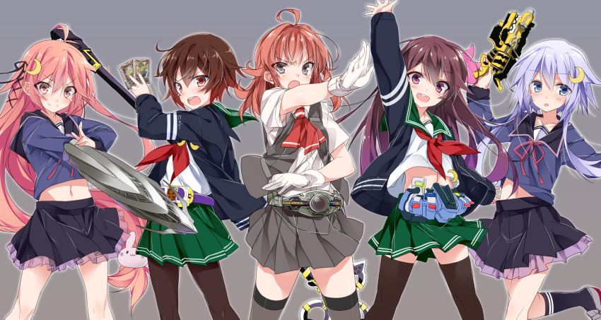 &gt;:o 1girl 5girls :3 :d :o ahoge antenna_hair arashi_(kancolle) arm_up armpit_peek belt blouse blue_eyes blush brown_eyes brown_hair brown_thighhighs check_commentary commentary_request crescent crescent_hair_ornament crescent_pin gloves gradient_hair green_skirt grey_background grey_thighhighs gun hair_between_eyes hair_ornament hair_ribbon henshin_pose highres jacket kamen_rider kamen_rider_blade_(series) kamen_rider_fourze kamen_rider_fourze_(series) kamen_rider_kuuga_(series) kamen_rider_leangle kamen_rider_v3_(series) kantai_collection kerchief kisaragi_(kancolle) long_hair long_sleeves looking_at_viewer messy_hair mtu_(orewamuzituda) multicolored_hair multiple_girls mutsuki_(kancolle) name_connection navel open_mouth pantyhose parody pink_eyes pink_hair pleated_skirt purple_eyes purple_hair rabbit_hair_ornament red_eyes red_hair remodel_(kantai_collection) ribbon rider_belt riderman school_uniform searchlight serafuku shirt short_hair short_hair_with_long_locks simple_background skirt smile staff super_sentai teeth thighband_pantyhose thighhighs thighs tongue uzuki_(kancolle) v-shaped_eyebrows very_long_hair vest weapon white_gloves yayoi_(kancolle) zyuden_sentai_kyoryuger