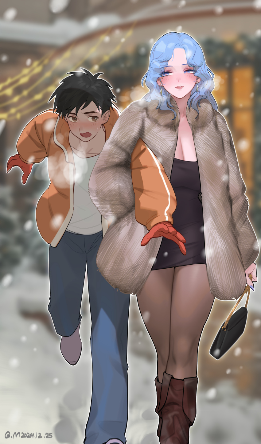 1boy 1girl absurdres black_hair blue_eyes blue_hair blush breasts breath cleavage coat earrings gorgeous_mushroom hetero highres huge_breasts jewelry large_breasts linna_(gorgeous_mushroom) long_hair original outdoors short_hair snow snowflakes snowing winter winter_clothes winter_coat