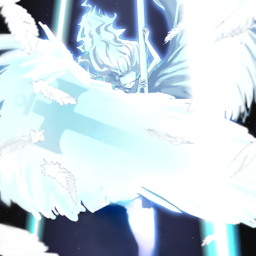 1boy absurdres angel_wings black_background blurry closed_eyes colored_skin cross depth_of_field energy_beam feathers glowing highres kiryu_yoshiya sky solo star_(sky) starry_sky subarashiki_kono_sekai tsubuan_(itobell) white_feathers white_skin white_wings wings