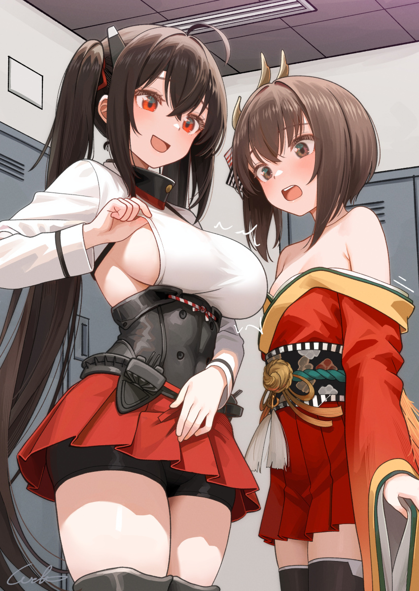 2girls absurdres ahoge azur_lane bike_shorts bird_hair_ornament black_shorts black_thighhighs breasts brown_eyes brown_hair commentary_request commission cosplay costume_switch hair_ornament hakama hakama_short_skirt hakama_skirt headgear highres japanese_clothes jewelry kantai_collection kimono large_breasts locker locker_room long_hair long_sleeves miniskirt multiple_girls name_connection open_mouth pleated_skirt red_eyes red_kimono red_skirt short_hair short_shorts shorts shorts_under_skirt skeb_commission skirt small_breasts taihou_(azur_lane) taihou_(azur_lane)_(cosplay) taihou_(kancolle) taihou_(kancolle)_(cosplay) teeth thighhighs twintails upper_teeth_only very_long_hair welt_(kinsei_koutenkyoku)