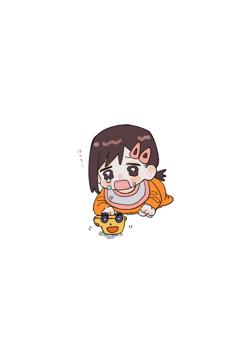 1girl absurdres aged_down baby bib brown_eyes brown_hair chainsaw_man commentary crying crying_with_eyes_open gurukousu hair_ornament hairclip higashiyama_kobeni highres kobeni&#039;s_car_(chainsaw_man) open_mouth solo tears toy_car translation_request wavy_eyes
