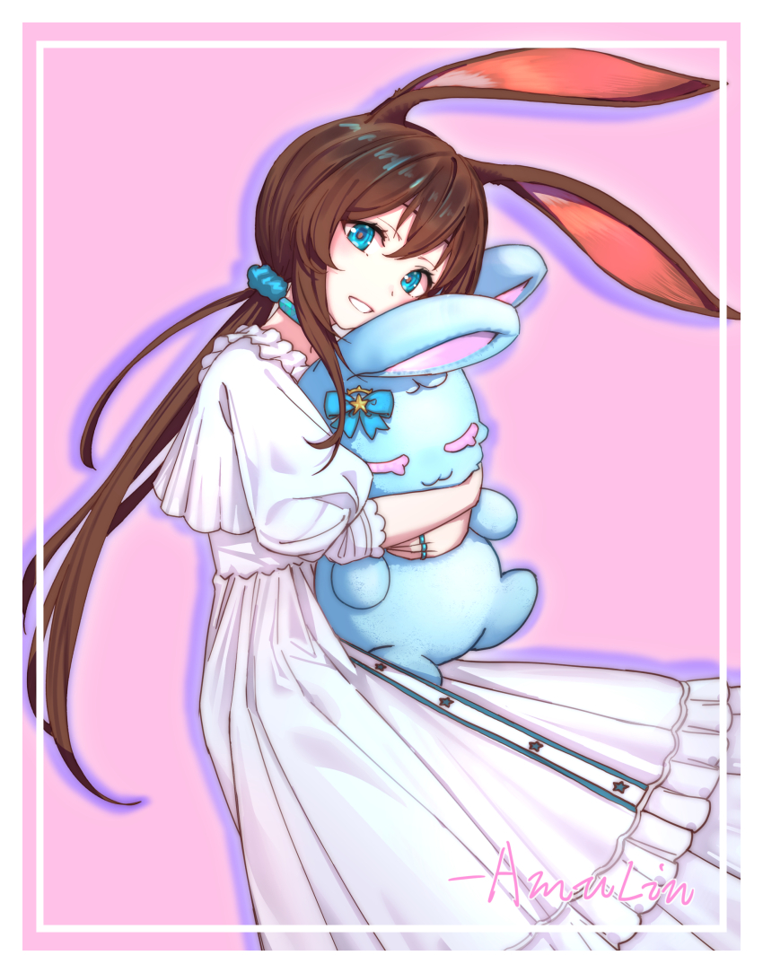 1girl :d absurdres amiya_(arknights) animal_ears arknights blue_collar blue_eyes brown_hair buttons chinese_commentary collar commentary commentary_request dress drop_shadow english_commentary grin hair_ornament hair_scrunchie highres holding holding_stuffed_toy hugging_object jewelry long_hair looking_at_viewer mixed-language_commentary multiple_rings open_mouth pink_background quietmrcat ring scrunchie simple_background smile solo star_(symbol) star_button stuffed_animal stuffed_toy three-quarter_sleeves white_dress