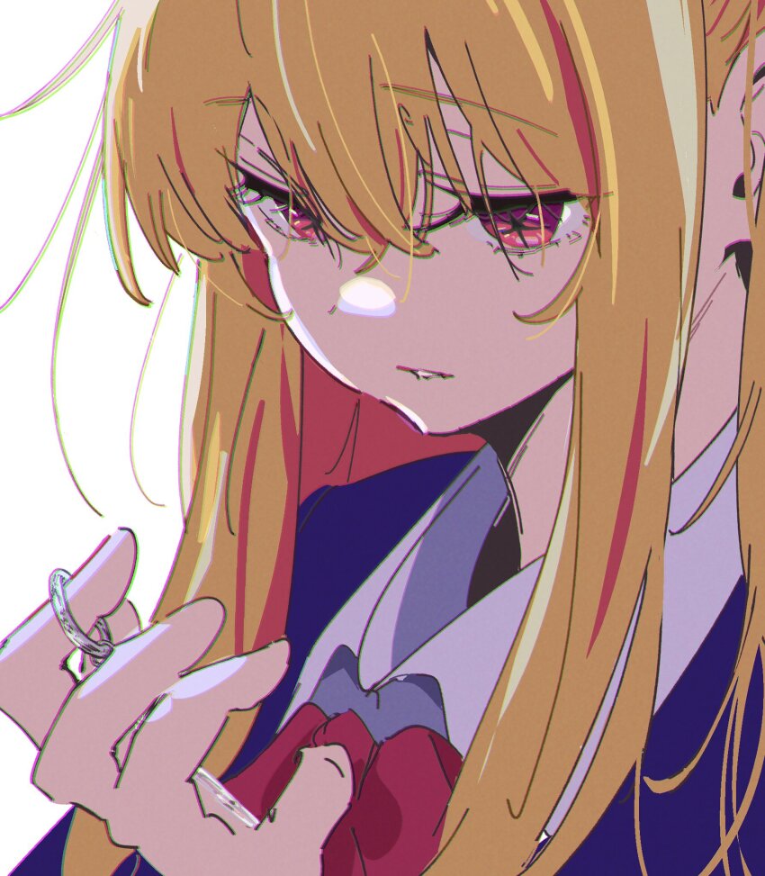 1girl atenaba blonde_hair bow bowtie charm_(object) chromatic_aberration collared_shirt hair_between_eyes highres hoshino_ruby long_hair oshi_no_ko parted_lips pink_bow pink_bowtie pink_eyes school_uniform shirt sidelocks simple_background solo star-shaped_pupils star_(symbol) symbol-shaped_pupils upper_body white_background white_shirt youtou_high_school_uniform