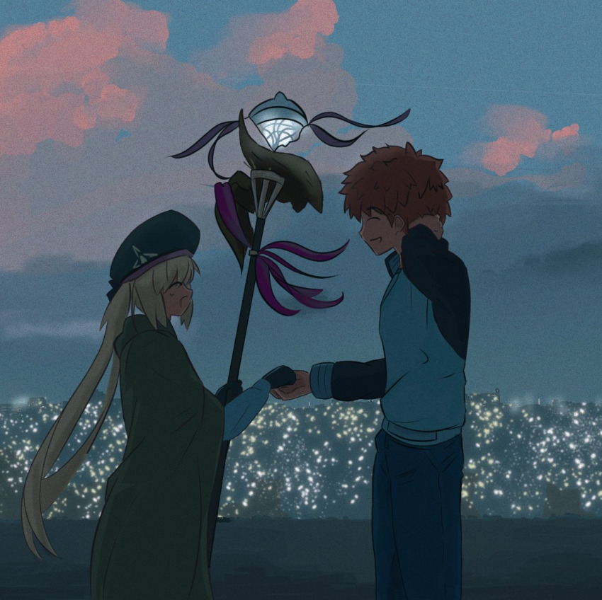 1boy 1girl alternate_universe arm_behind_head artoria_caster_(fate) artoria_caster_(second_ascension)_(fate) artoria_pendragon_(fate) black_jacket blue_pants cape capelet cloak commentary emiya_shirou english_commentary fate/grand_order fate/stay_night fate_(series) green_cloak hat holding holding_hands holding_staff jacket lamppost open_mouth outdoors pants profile red_hair self-upload shokobr smile staff staff_of_selection_(fate) takeuchi_takashi_(style) white_jacket