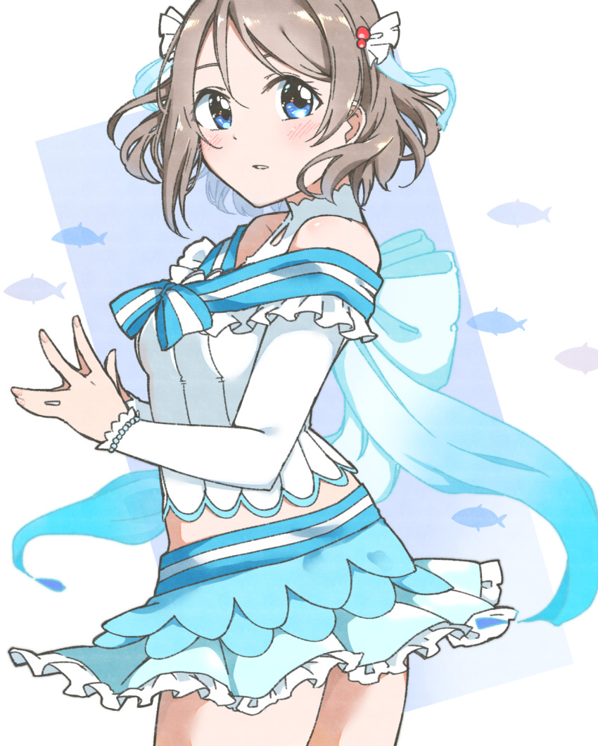 1girl blue_background blue_eyes blue_skirt blush border collarbone commentary_request cowboy_shot fish_background frilled_shirt frills highres koi_ni_naritai_aquarium light_brown_hair liz_(piyoko_piyop) long_sleeves looking_at_viewer love_live! love_live!_sunshine!! midriff miniskirt off-shoulder_shirt off_shoulder official_alternate_costume parted_lips shirt short_hair skirt solo watanabe_you white_border white_shirt