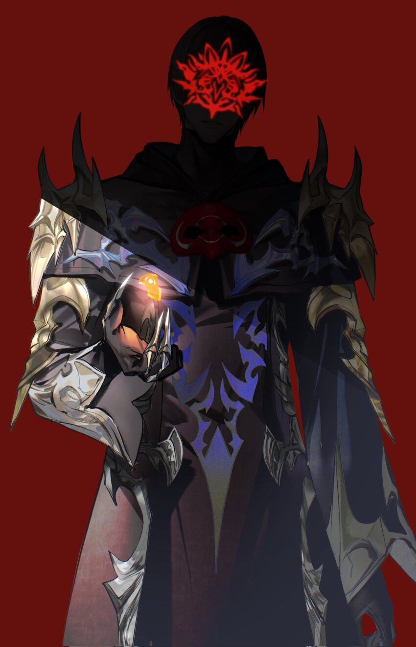1boy adventurer_(ff14) alternate_universe ascian_glyph azem_(ff14) black_capelet black_gloves black_robe capelet claw_ring constellation_crystal_(ff14) covered_face cowboy_shot crystal facing_viewer final_fantasy final_fantasy_xiv floating floating_object gloves glyph highres male_focus red_background robe shade simple_background solo standing warrior_of_light_(ff14) xianyu314