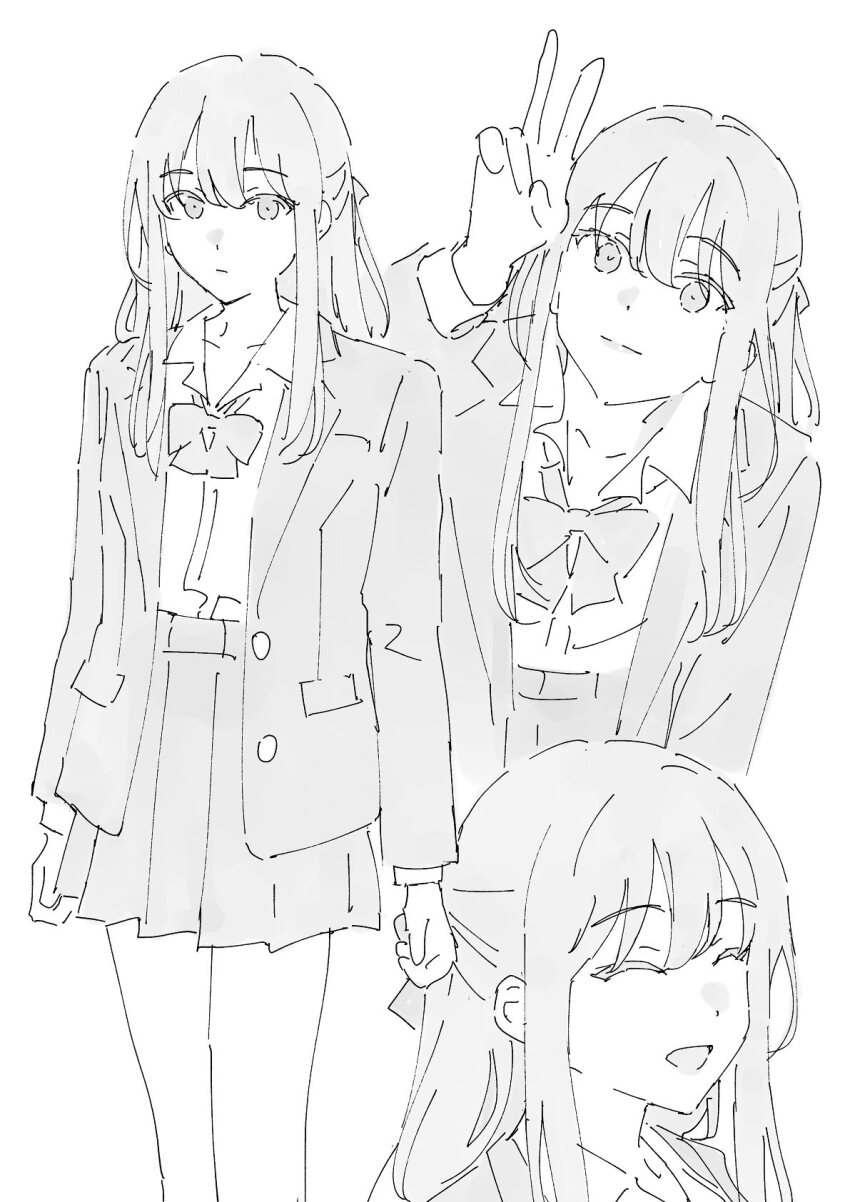 1girl :d ^_^ blazer bow bowtie closed_eyes collared_shirt commentary dress_shirt expressionless half_updo highres jacket light_smile mikazuchi_zeus multiple_views open_clothes open_jacket open_mouth original pleated_skirt school_uniform shirt sidelocks sketch skirt smile v