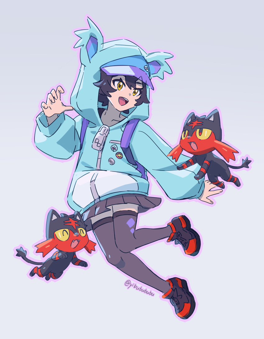 1girl absurdres black_hair blue_hat blurry blurry_background cat closed_eyes commentary_request day fang gen_7_pokemon grass hair_between_eyes hat highres hood hood_up hoodie knees_together_feet_apart litten nintendo nyabiko_(pokemon) open_mouth pokemon pokemon_(anime) pokemon_(creature) pokemon_horizons short_hair signature skirt smile thighhighs tongue yibuzhai