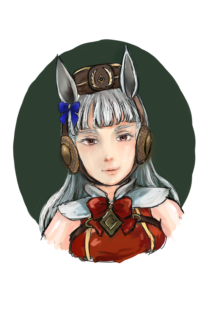 1girl 33ki71 absurdres animal_ears blue_bow blunt_bangs bow bowtie breasts collared_dress dress ear_bow earmuffs gold_ship_(umamusume) grey_hair highres horse_ears horse_girl long_hair looking_at_breasts looking_at_viewer medium_breasts pillbox_hat red_bow red_bowtie red_dress red_eyes simple_background sleeveless sleeveless_dress solo umamusume white_background