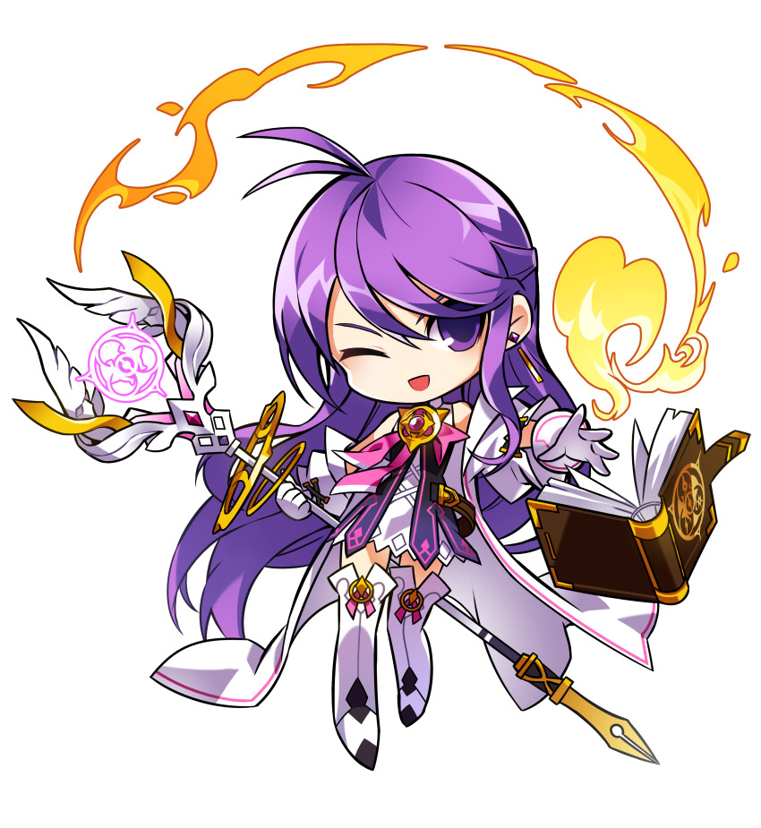 1girl absurdres aisha_landar antenna_hair bare_shoulders book boots bow bowtie brooch chibi collared_dress dress elsword eyelashes game_cg gloves grimoire hair_between_eyes happy high_collar highres holding holding_staff hwansang jewelry long_hair long_sleeves magic official_art one_eye_closed open_book open_mouth pink_bow pink_bowtie purple_eyes purple_hair robe second-party_source short_dress smile solo staff standing swept_bangs tachi-e tareme thigh_boots transparent_background v-shaped_eyebrows very_long_hair white_boots white_dress white_gloves white_robe