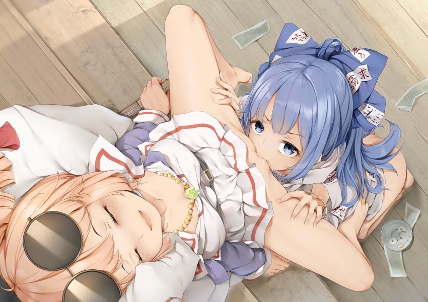 2girls an-telin barefoot belt blue_bow blue_eyes blue_hair blush bow bracelet breasts closed_eyes coin collarbone cunnilingus cup drill_hair eyewear_on_head folding_fan gem hair_bow hand_fan highres incest jewelry long_hair long_sleeves medium_breasts money multiple_girls no_panties ofuda open_mouth oral pussy_juice siblings sisters smile spread_legs sunglasses touhou twin_drills wooden_floor yorigami_jo&#039;on yorigami_shion yuri
