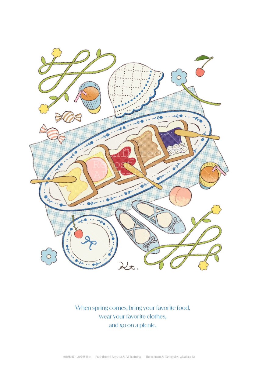 argyle_clothes argyle_hat ballet_slippers blue_flower blue_ribbon blue_shoes bread bread_slice butter butter_knife candy cherry commentary_request copyright_notice cup drinking_glass drinking_straw english_text flower food food_focus footwear_ribbon frilled_headwear fruit hat highres jam juice no_humans orange_juice original peach picnic_blanket plate ribbon shoes simple_background taira_kaede toast unworn_hat unworn_headwear unworn_shoes watermark white_background white_hat