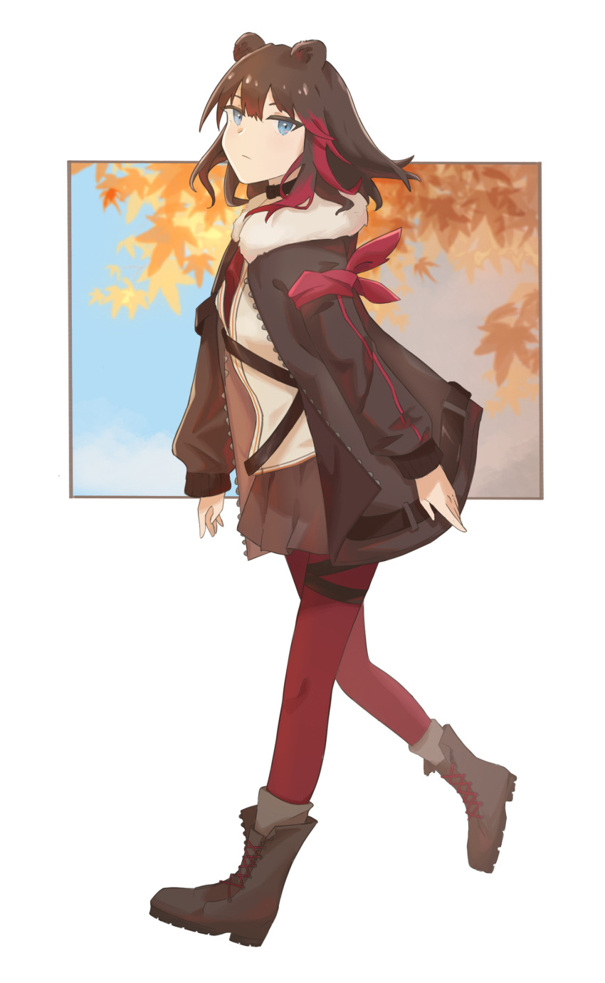 1girl absurdres animal_ears ankle_boots arknights black_choker blue_eyes boots brown_boots brown_hair brown_skirt choker closed_mouth full_body highres jacket lace-up_boots long_sleeves looking_at_viewer medium_hair miniskirt multicolored_hair open_clothes open_jacket pantyhose pleated_skirt red_hair red_pantyhose simple_background skirt solo standing streaked_hair thigh_strap walking white_background wudianduo068 zima_(arknights)