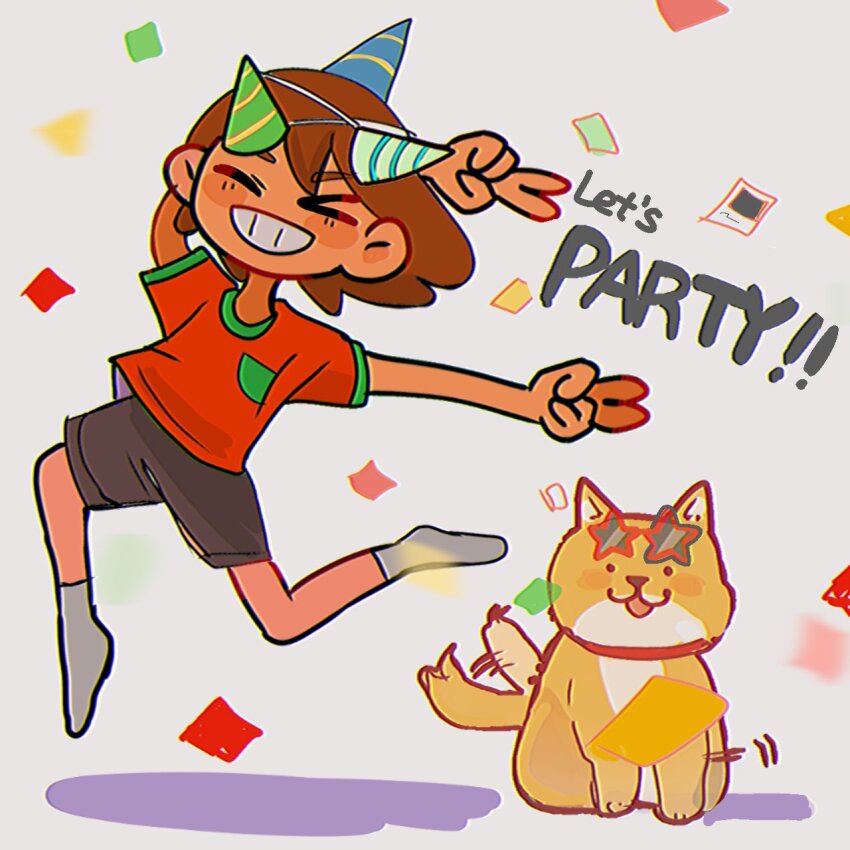 &gt;_&lt; 1boy aged_down brown_hair closed_eyes confetti dark-skinned_male dark_skin dog gimu108 grey_shorts grin hat hector_(omori) highres kel_(faraway)_(omori) kel_(omori) male_focus omori parted_lips party_hat photo_(object) red-framed_eyewear short_hair short_sleeves shorts smile socks solo star-shaped_eyewear star_(symbol) sunglasses teeth white_socks