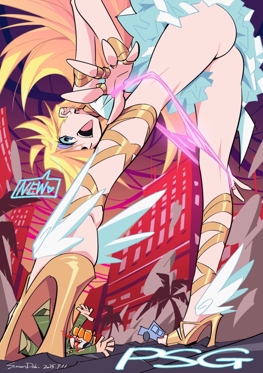 1boy 1girl ahoge aroused_nosebleed artist_name ass bent_over blonde_hair blood blue_eyes brief_(psg) building car city commentary_request copyright_name covered_eyes crying dated dress ear_piercing feet foreshortening from_below giant giantess gladiator_sandals gold_sandals hair_over_eyes hair_over_one_eye headphones heart high_heel_sandals highres long_hair looking_at_viewer looking_down motor_vehicle nail_polish nosebleed one_eye_covered open_mouth orange_hair outdoors palm_tree panties panty_&amp;_stocking_with_garterbelt panty_(psg) panty_pull piercing pink_panties pulling_own_clothes red_nails sandals shoes signature simonori smile solo_focus speech_bubble standing streaming_tears tears toenail_polish toenails toes tree underwear very_long_hair white_dress winged_shoes wings