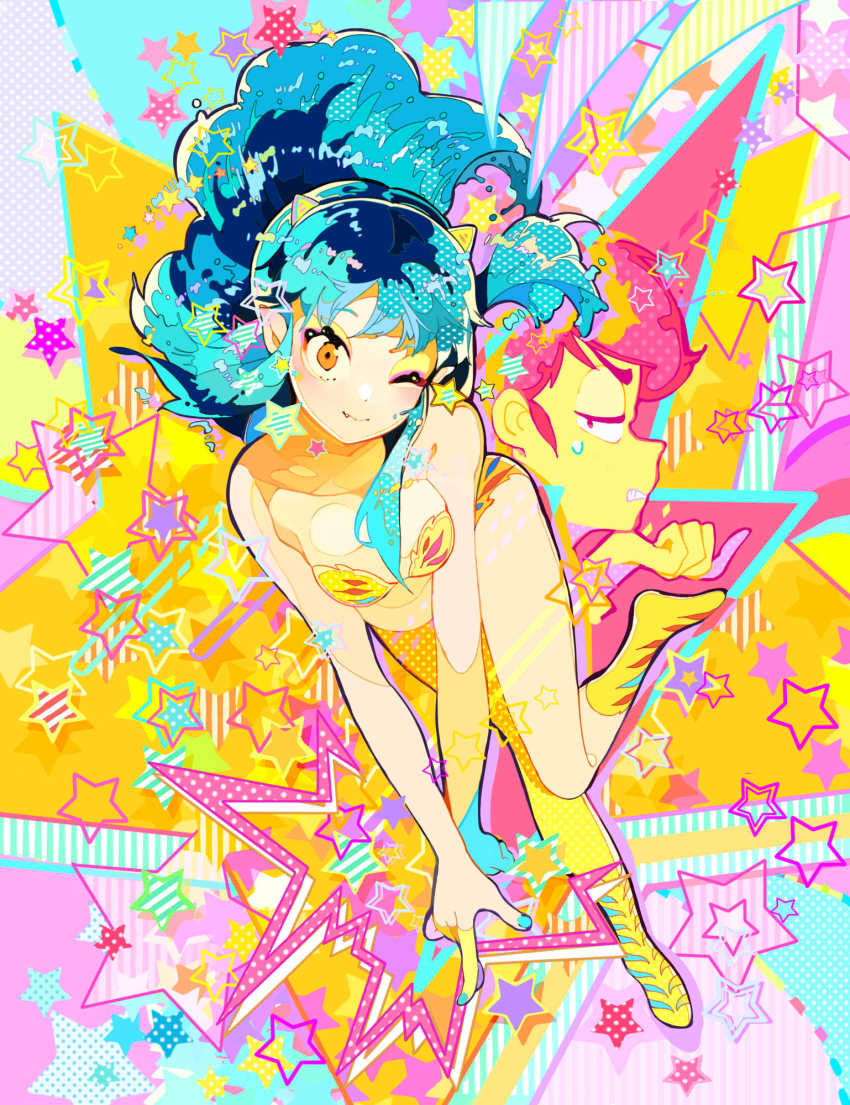 1boy 1girl bare_shoulders bikini blue_hair blue_nails closed_mouth fang half-closed_eyes highres horns long_hair looking_at_viewer lum moroboshi_ataru n79oqc3yja6jlof nail_polish one_eye_closed smile socks sweatdrop swimsuit teeth urusei_yatsura yellow_eyes