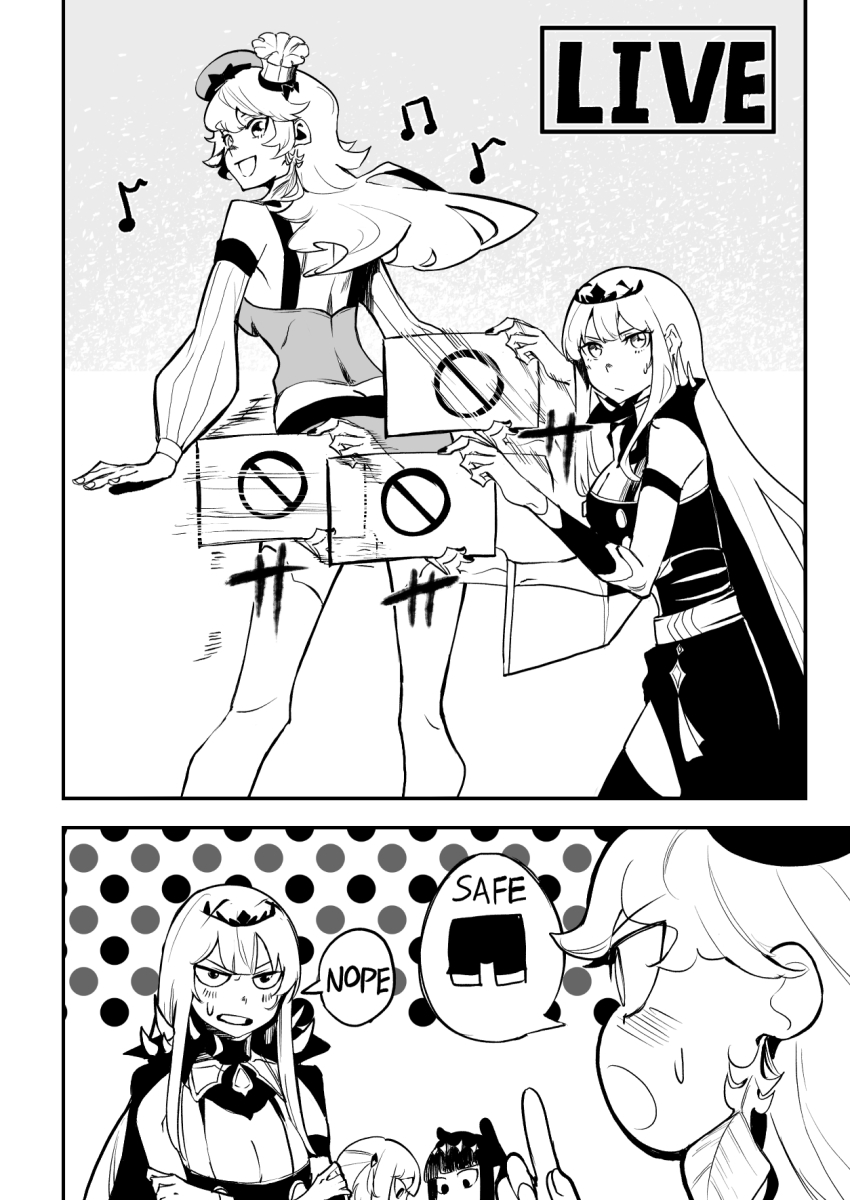 4girls ass blush bow bow_choker breasts chef_hat choker cleavage earrings english_text feather_earrings feathers gawr_gura greyscale hat highres hololive hololive_english jealous jewelry longlong_(drasdr7513) monochrome mori_calliope mori_calliope_(1st_costume) multiple_girls ninomae_ina&#039;nis no no_symbol shoulder_spikes spikes sweatdrop takanashi_kiara takanashi_kiara_(1st_costume) tiara veil virtual_youtuber yuri