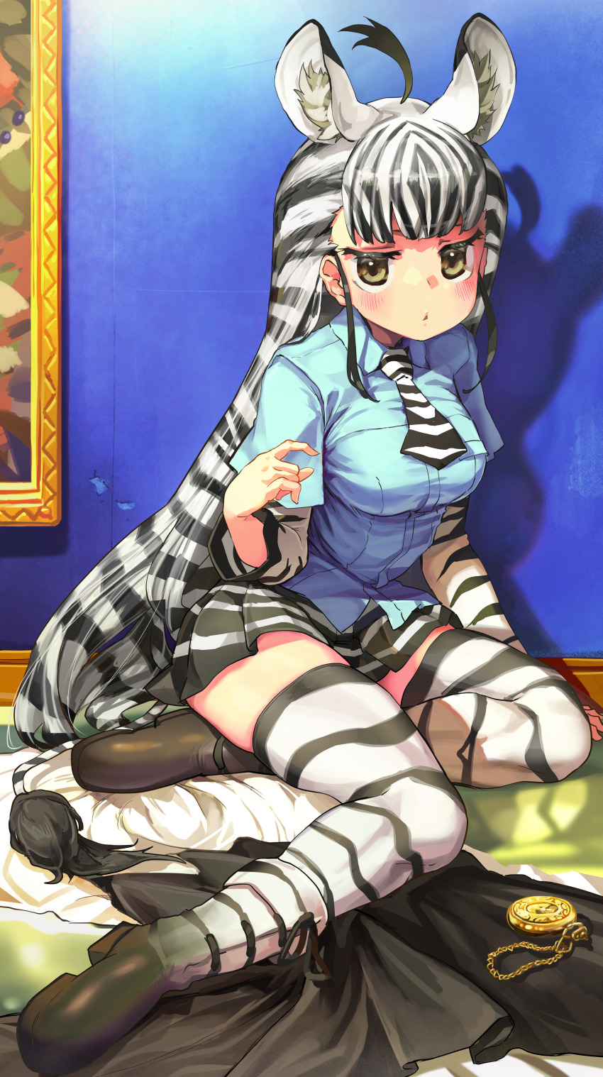 1girl absurdres animal_ears animal_print black_hair blue_shirt boots breasts brown_eyes collared_shirt highres kemono_friends layered_sleeves long_hair long_sleeves looking_at_viewer medium_breasts melaton miniskirt multicolored_hair necktie plains_zebra_(kemono_friends) pleated_skirt print_boots print_necktie print_skirt shirt short_over_long_sleeves short_sleeves sitting skirt solo striped_hair thighhighs two-tone_hair very_long_hair white_hair yokozuwari zebra_ears zebra_girl zebra_print zebra_tail