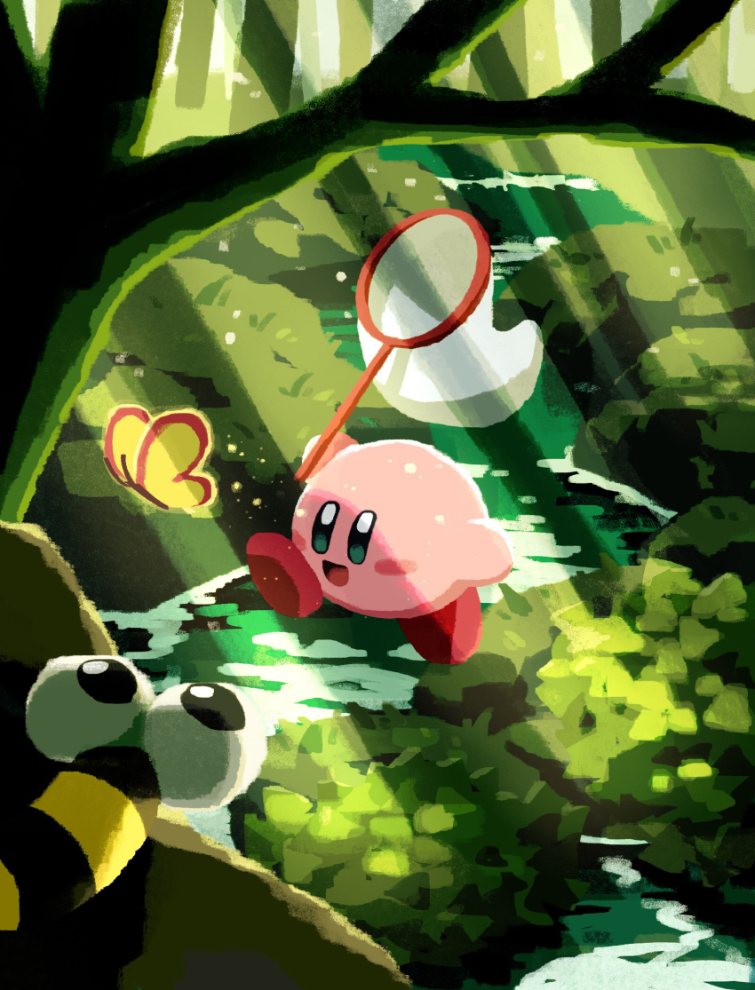 aruco_co blush_stickers bug butterfly butterfly_net butterfly_wings capiller_(kirby) commentary_request forest grass hand_net highres insect insect_wings kirby kirby_(series) looking_at_another morpho_knight morpho_knight_(butterfly) nature nintendo no_humans open_mouth outdoors river smile solid_oval_eyes tree wings