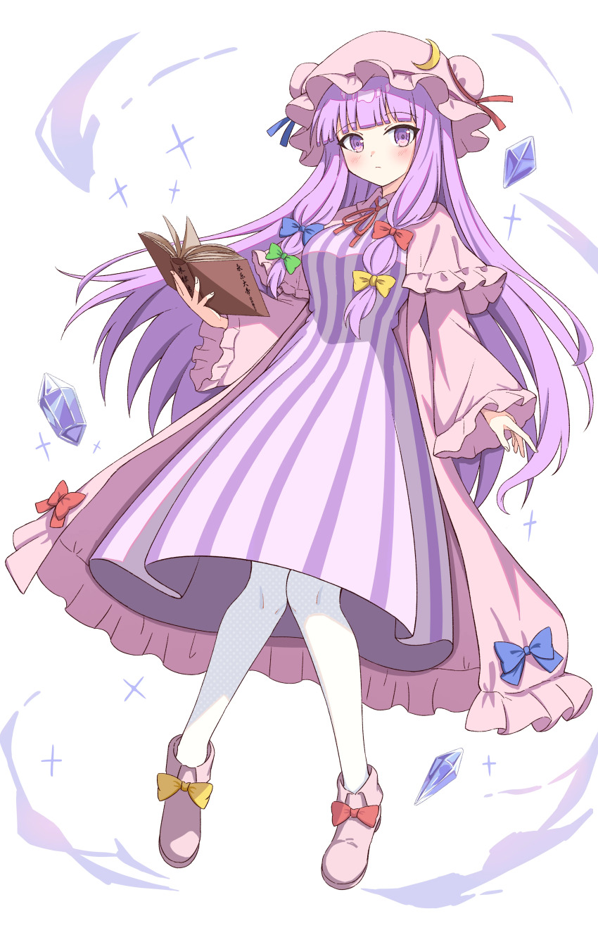 1girl absurdres blue_bow blue_gemstone blue_ribbon blush book boots bow breasts capelet chinese_commentary closed_mouth collared_capelet commentary_request crescent crescent_hat_ornament crystal dress expressionless footwear_bow frilled_capelet frilled_robe frilled_sleeves frills full_body gem green_bow hair_bow hat hat_ornament hat_ribbon highres holding holding_book knees_together_feet_apart long_hair looking_at_viewer mob_cap multiple_hair_bows open_book open_clothes open_robe pantyhose patchouli_knowledge pink_boots pink_capelet pink_hat pink_robe purple_eyes purple_hair red_bow red_ribbon ribbon robe setteiset sidelocks simple_background solo sparkle striped_clothes striped_dress touhou vertical-striped_clothes vertical-striped_dress very_long_hair white_background white_pantyhose wide_sleeves yellow_bow