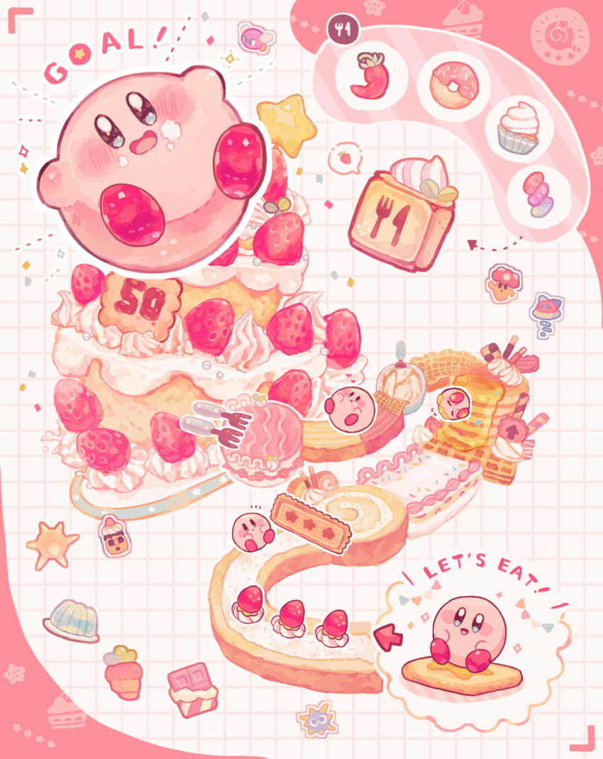 :d arrow_(symbol) blue_eyes blush blush_stickers bouncy_(kirby) bronto_burt cake candy cappy_(kirby) carrot checkerboard_cookie chili_pepper chocolate chocolate_bar commentary commentary_request cookie copy_ability cupcake donut english_text food food_on_face fork fruit gelatin gordo grid_background highres kabu_(kirby) kirby kirby&#039;s_dream_buffet kirby_(series) looking_at_viewer metro_(metronome40310bis) nintendo no_humans notice_lines open_mouth pancake pancake_stack simple_background smile sparkle star_(symbol) strawberry strawberry_shortcake wafer_stick waffle white_background
