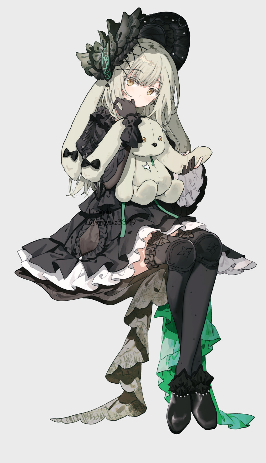 1girl absurdres animal_ears arknights bang_dream! bang_dream!_it&#039;s_mygo!!!!! black_bonnet black_dress black_shoes black_thighhighs blonde_hair bonnet chinese_commentary closed_mouth commentary_request dress frilled_dress frills full_body hair_ornament hand_up highres invisible_chair long_hair looking_at_viewer migolu official_alternate_costume rabbit_ears rabbit_girl shoes short_sleeves simple_background sitting solo stuffed_animal stuffed_rabbit stuffed_toy thighhighs wakaba_mutsumi wakaba_mutsumi_(marionette&#039;s_id) white_background x_hair_ornament yellow_eyes