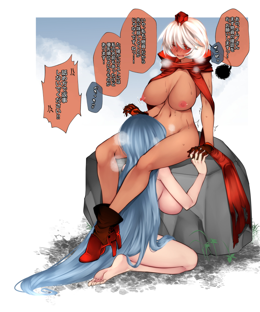 2girls adapted_costume aoshima breasts cunnilingus geta gloves grey_hair hat head_between_thighs heavy_breathing highres holding_hands inubashiri_momiji large_breasts long_hair multiple_girls open_mouth oral red_eyes red_hat sakata_nemuno simple_background tengu-geta tokin_hat touhou translation_request very_long_hair white_hair yuri