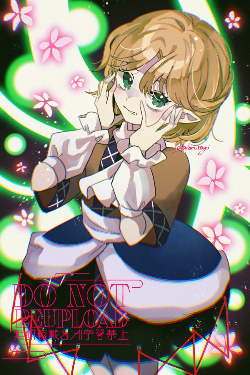 1girl arm_warmers black_skirt blonde_hair blush brown_shirt commentary cowboy_shot danmaku green_eyes hands_on_own_cheeks hands_on_own_face highres katsuragi_atori looking_at_viewer mizuhashi_parsee pointy_ears sash scarf shirt short_hair short_sleeves skirt solo touhou watermark white_sash white_scarf