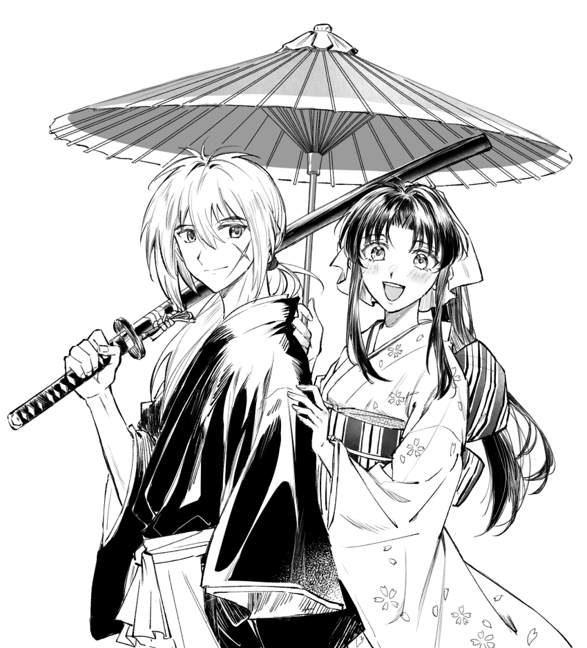 1boy 1girl blush closed_mouth commentary cowboy_shot cross_scar facial_scar floral_print floral_print_kimono from_side geolu greyscale hair_ribbon hakama hakama_pants hand_on_another&#039;s_arm high_ponytail highres himura_kenshin holding holding_sword holding_umbrella holding_weapon japanese_clothes kamiya_kaoru katana kimono long_hair looking_at_viewer low_ponytail monochrome obi open_mouth pants parted_bangs ponytail print_kimono ribbon rurouni_kenshin sash scar scar_on_cheek scar_on_face sheath sheathed sidelocks smile sword symbol-only_commentary umbrella weapon white_background wide_sleeves
