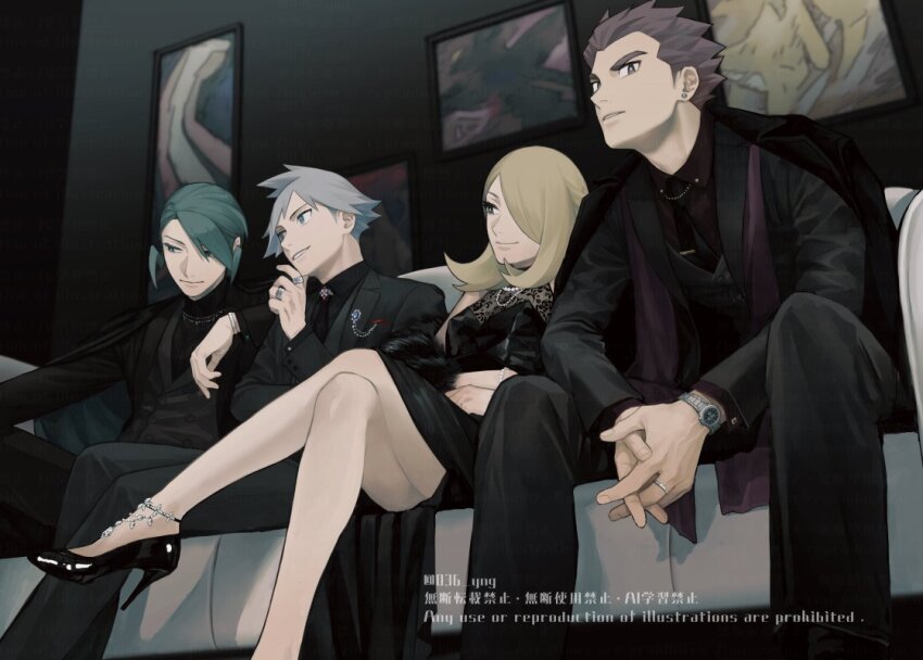 1girl 3boys alternate_costume black_jacket black_pants black_shoes blonde_hair bright_pupils closed_mouth commentary_request couch crossed_legs cynthia_(pokemon) green_hair hair_over_one_eye hand_up high_heels jacket jewelry lance_(pokemon) multiple_boys nintendo pants pokemon pokemon_dppt pokemon_hgss pokemon_rse ring shoes short_hair sitting smile steven_stone vest wallace_(pokemon) watch watermark wristwatch y_(036_yng)