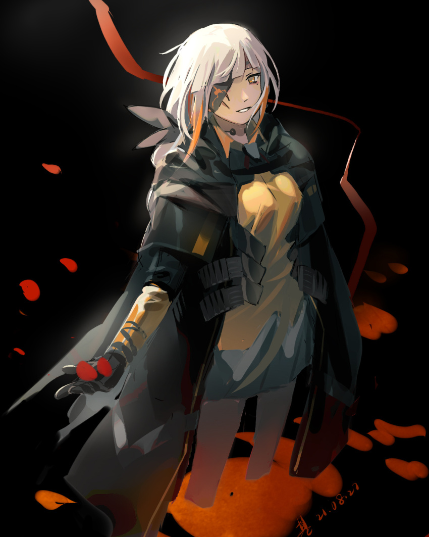 1girl bandana black_background black_jacket chinese_commentary commentary_request cowboy_shot dated eyepatch girls&#039;_frontline highres jacket jibao long_hair long_sleeves looking_at_viewer m16a1_(boss)_(girls&#039;_frontline) m16a1_(girls&#039;_frontline) mole mole_under_eye scar scar_on_face shirt skirt smile solo throat_microphone white_hair yellow_eyes yellow_shirt