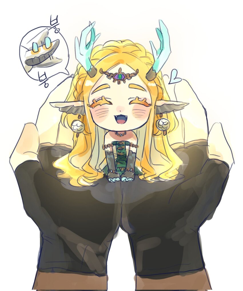 1boy 1girl :3 animal_ears armlet bad_tag bare_shoulders black_gloves blonde_hair blush braid child choker circlet closed_eyes colored_eyelashes crown_braid didi_en_ilu dragon_ears dragon_girl dragon_horns dragon_tail dress earrings fangs fingerless_gloves gloves highres horns in_palm jewelry kneeling link long_hair nintendo open_mouth princess_zelda sidelocks strapless strapless_dress tail tail_wagging the_legend_of_zelda the_legend_of_zelda:_tears_of_the_kingdom thick_eyebrows two-tone_dress white_background