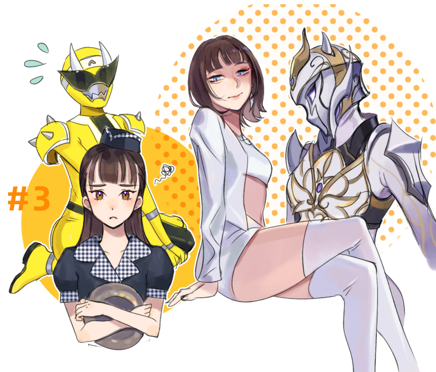 2girls avataro_sentai_donbrothers black_hair blue_eyes brown_hair earrings highres jewelry kito_haruka moxa multiple_girls onisister orange_eyes sononi sononi_(donbrothers) super_sentai