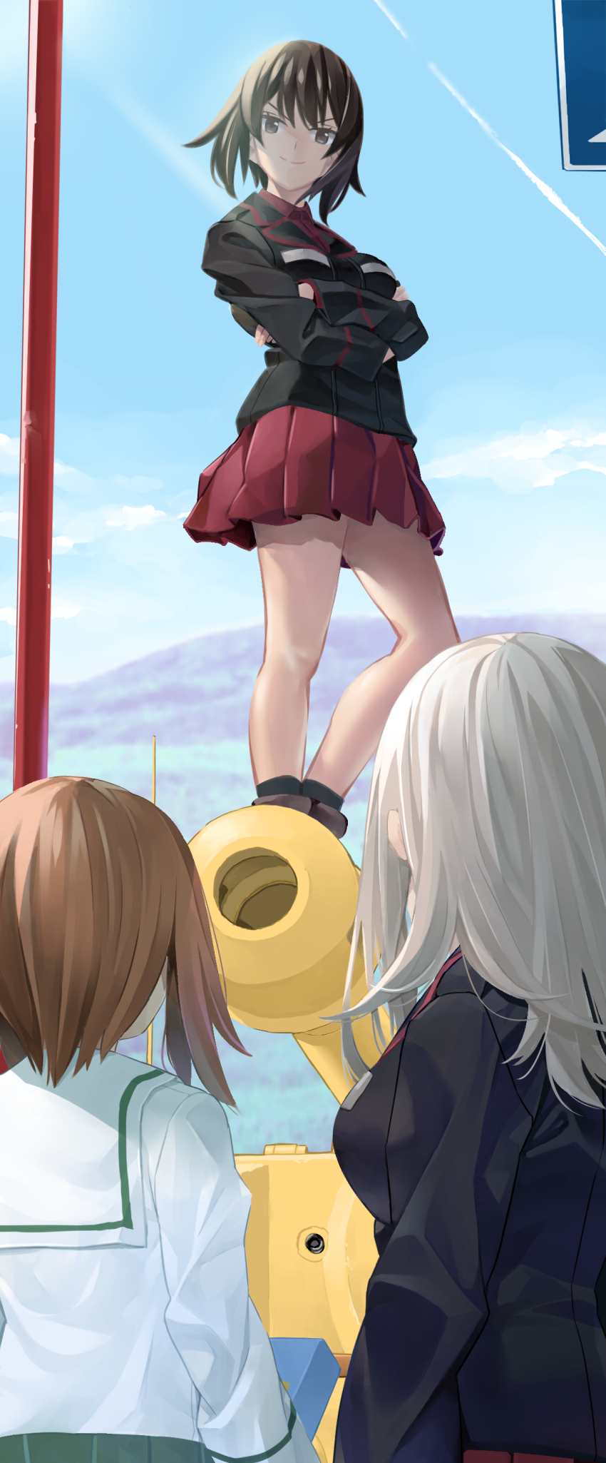 3girls absurdres back black_jacket brown_eyes brown_hair collared_shirt commentary_request cross crossed_arms girls_und_panzer green_skirt grey_hair highres inou_takashi iron_cross itsumi_erika jacket kuromorimine_military_uniform long_sleeves looking_down military_vehicle miniskirt motor_vehicle multiple_girls muzzle_device nishizumi_maho nishizumi_miho ooarai_school_uniform pole red_shirt red_skirt school_uniform serafuku shirt skirt smile standing tank tank_gun tiger_i white_serafuku