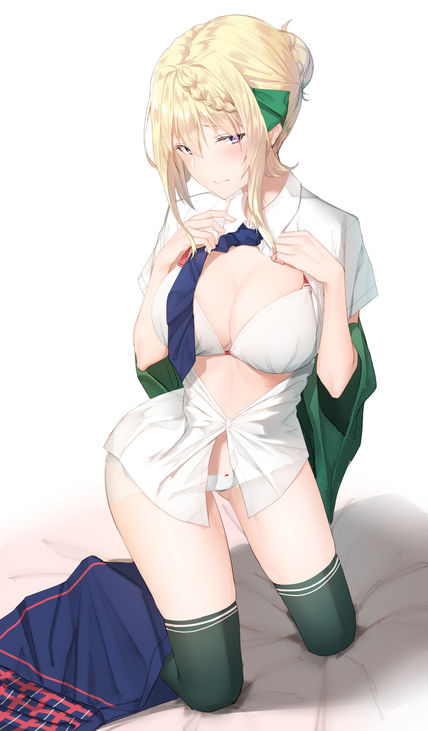 bad_id bad_nicoseiga_id blonde_hair blue_neckwear blush bra braid braided_bangs braided_bun breasts green_vest hair_between_eyes hair_bun highres kantai_collection large_breasts pallad panties perth_(kancolle) purple_eyes shirt short_hair short_sleeves simple_background single_hair_bun sitting skirt solo underwear vest white_bra white_panties white_shirt