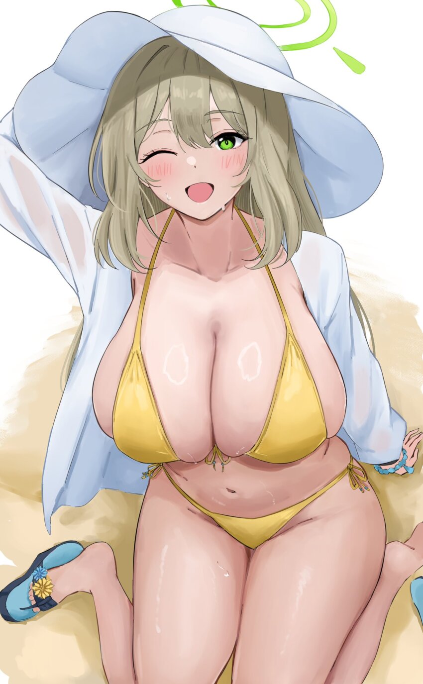 1girl bikini blue_archive breasts green_eyes green_halo halo hat highres huge_breasts long_hair looking_at_viewer navel nonomi_(blue_archive) nonomi_(swimsuit)_(blue_archive) one_eye_closed open_mouth sandals side-tie_bikini_bottom smile solo soul_(dp11) swimsuit thighs white_hat yellow_bikini