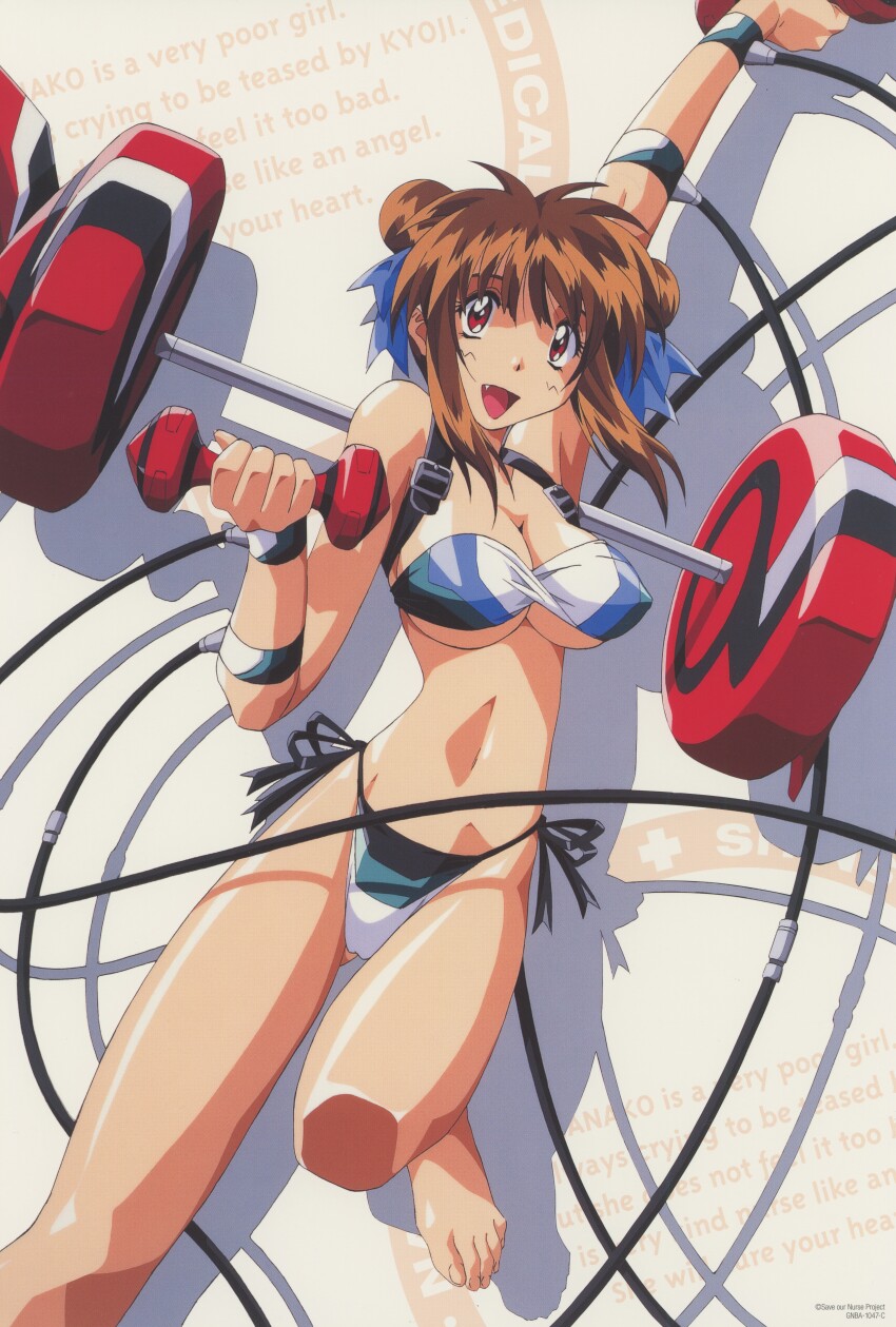 1990s_(style) absurdres barefoot bikini breasts brown_eyes brown_hair double_bun fang feet hair_bun highres large_breasts nanako_kaitai_shinsho navel non-web_source official_art retro_artstyle shichigusa_nanako swimsuit yamashita_toshinari