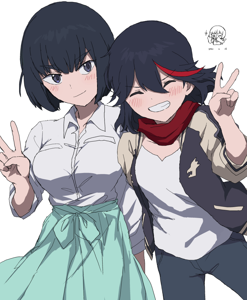 2021 3girls absurdres black_hair blue_eyes blush bob_cut breasts camera chibi closed_eyes closed_mouth commentary dated denim green_skirt grin hair_between_eyes highres holding holding_camera jacket jeans kill_la_kill kiryuuin_satsuki mankanshoku_mako matoi_ryuuko medium_breasts multiple_girls official_alternate_hair_length official_alternate_hairstyle pants red_scarf scarf shirt siblings simple_background sisters skirt smile takatisakana taking_picture v white_background white_shirt