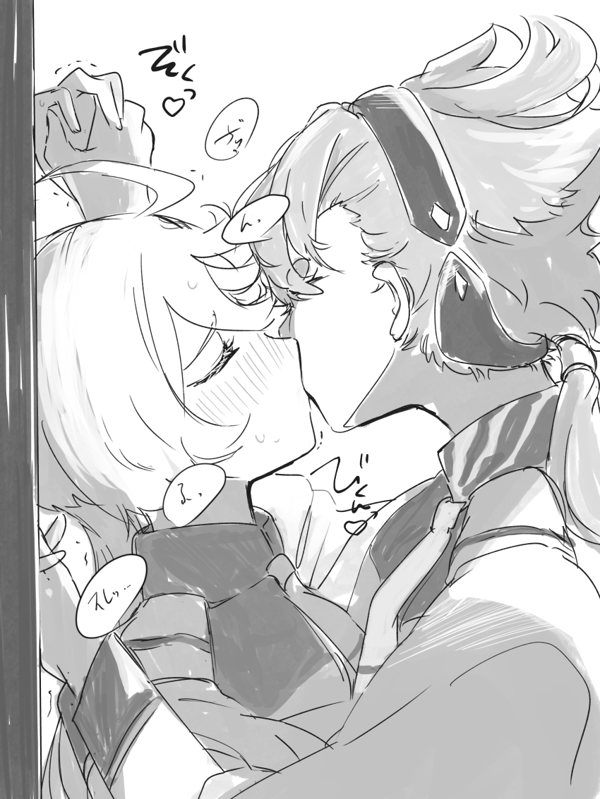 2girls absurdres asticassia_school_uniform blush closed_eyes commentary_request greyscale gundam gundam_suisei_no_majo hairband highres holding_hands kiss kusakayosituki1 miorine_rembran monochrome multiple_girls necktie ponytail school_uniform speech_bubble suletta_mercury sweat thick_eyebrows translation_request trembling yuri