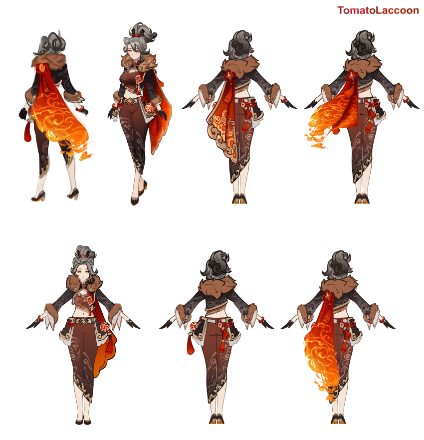 1girl animal_ear_fluff animal_ears artist_name black_gloves black_pants black_shoes breasts cleavage closed_mouth commentary crop_top fur_trim gem genshin_impact gloves grey_hair hand_up high_heels highres holding holding_polearm holding_weapon large_breasts long_hair long_sleeves looking_at_viewer midriff mole mole_on_stomach navel orb original pants polearm red_eyes red_gemstone reference_sheet shoes simple_background smile tassel tomatolaccoon weapon white_background