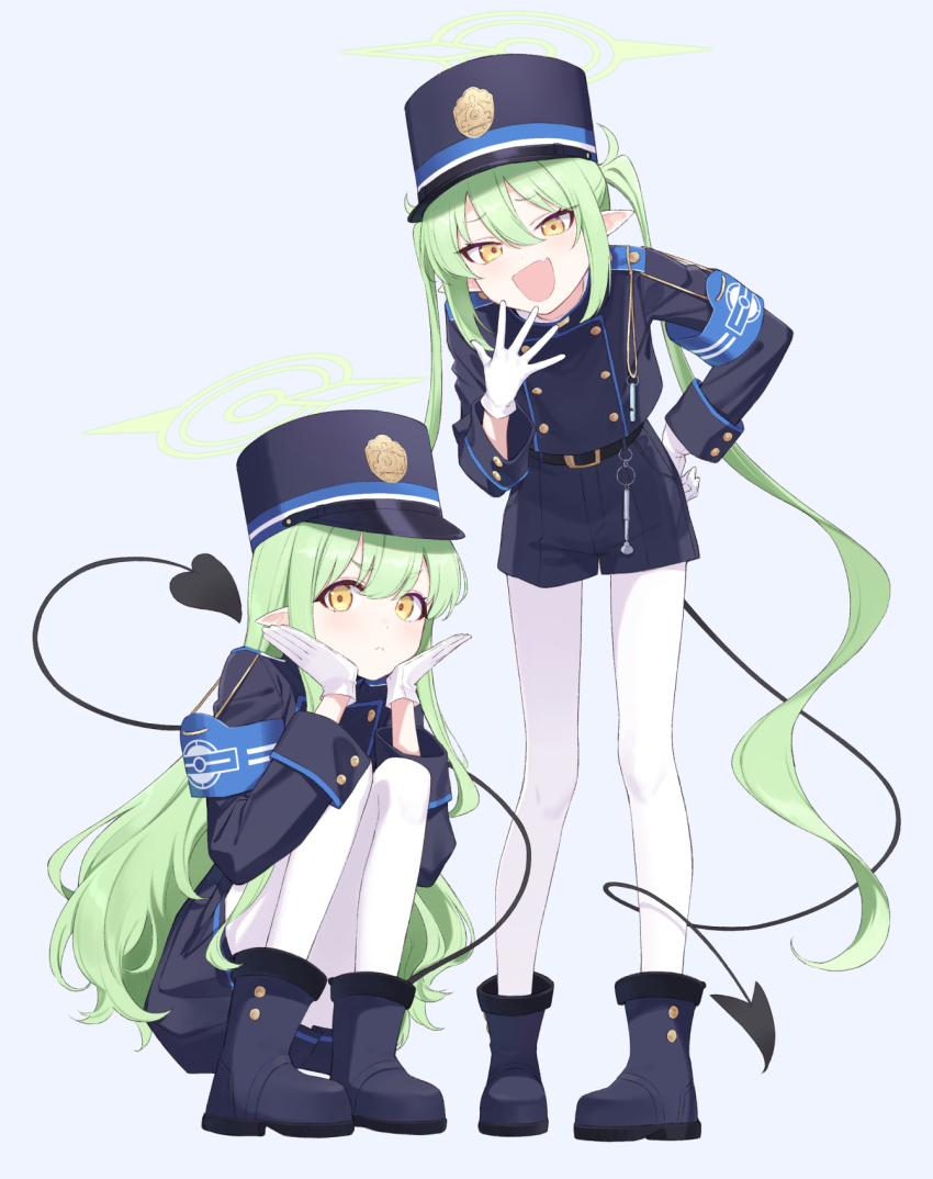 2girls :d armband black_boots black_hat black_jacket black_shorts black_skirt blue_archive blue_armband boots closed_mouth commentary_request daifuku_(tkja3555) demon_tail fang full_body gloves green_hair green_halo hair_between_eyes halo hand_on_own_hip hand_to_own_mouth hat highres hikari_(blue_archive) jacket leaning_forward long_hair long_sleeves looking_at_viewer multiple_girls nozomi_(blue_archive) open_mouth pantyhose pantyhose_under_shorts partial_commentary peaked_cap pleated_skirt pointy_ears short_shorts shorts siblings sidelocks simple_background sisters skin_fang skirt smile squatting standing tail twins twintails white_gloves white_pantyhose yellow_eyes