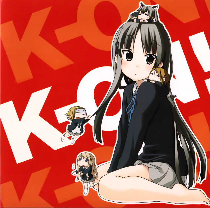 5girls :3 =_= akiyama_mio animal_ears barefoot black_eyes black_hair black_socks blazer blonde_hair blue_eyes blue_ribbon blush brown_hair cat_ears chibi chibi_on_head climbing_hair copyright_name curled_up full_body grey_skirt hair_ornament hairclip headband highres hime_cut hirasawa_yui ho-kago_tea_time jacket k-on! kakifly kotobuki_tsumugi long_hair multiple_girls nakano_azusa non-web_source official_art on_head open_mouth panicking pantyhose red_background ribbon sakuragaoka_high_school_uniform scan school_uniform short_hair simple_background sitting_on_shoulder skirt sleeping socks tainaka_ritsu title twintails white_socks winter_uniform