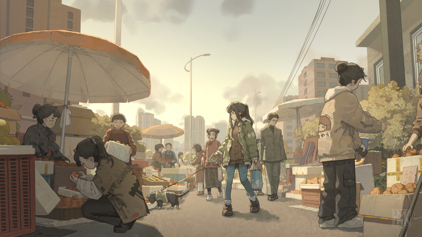 1girl absurdres bag black_shoes blue_pants box brown_sweater cardboard_box cat cityscape cloud cloudy_sky coat commentary_request day denim food fruit green_coat grey_sky highres holding holding_bag holding_leash hua_ming_wink jeans lamppost leash long_sleeves market medium_hair open_clothes open_coat orange_(fruit) original outdoors pants pants_rolled_up people pet_walking ponytail power_lines road scenery shoes sidelocks signature sky standing street sweater torn_clothes torn_jeans torn_pants umbrella watermark wide_shot